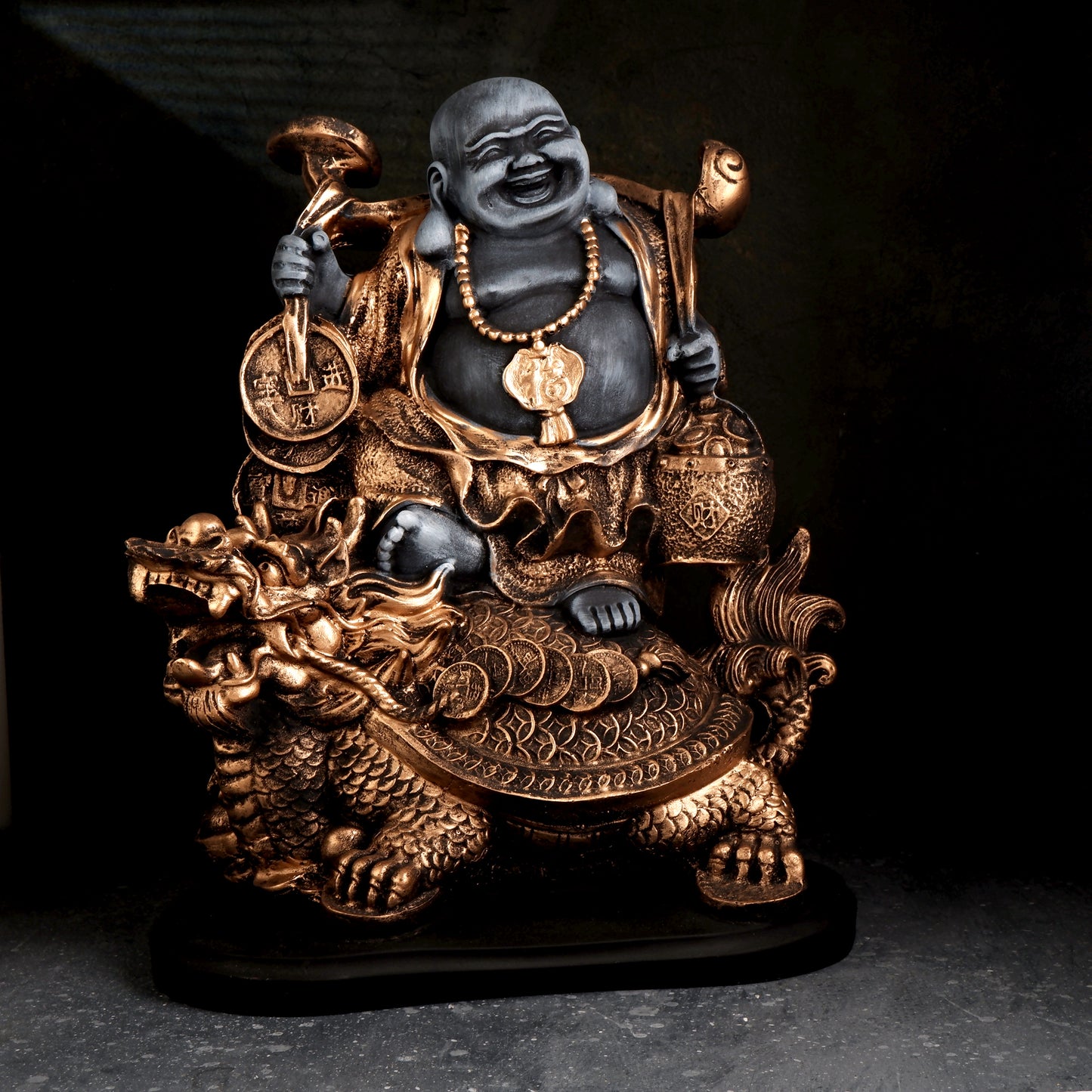 THE WHITE INK DECOR Feng Shui Laughing Buddha Sitting on Dragon Blessing Good Luck Decorative Showpiece