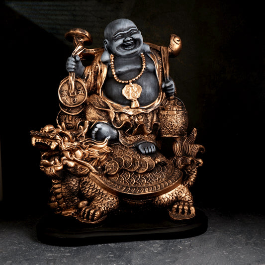 THE WHITE INK DECOR Feng Shui Laughing Buddha Sitting on Dragon Blessing Good Luck Decorative Showpiece