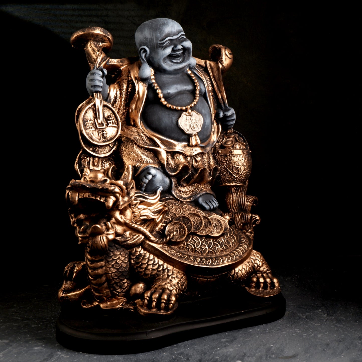 THE WHITE INK DECOR Feng Shui Laughing Buddha Sitting on Dragon Blessing Good Luck Decorative Showpiece