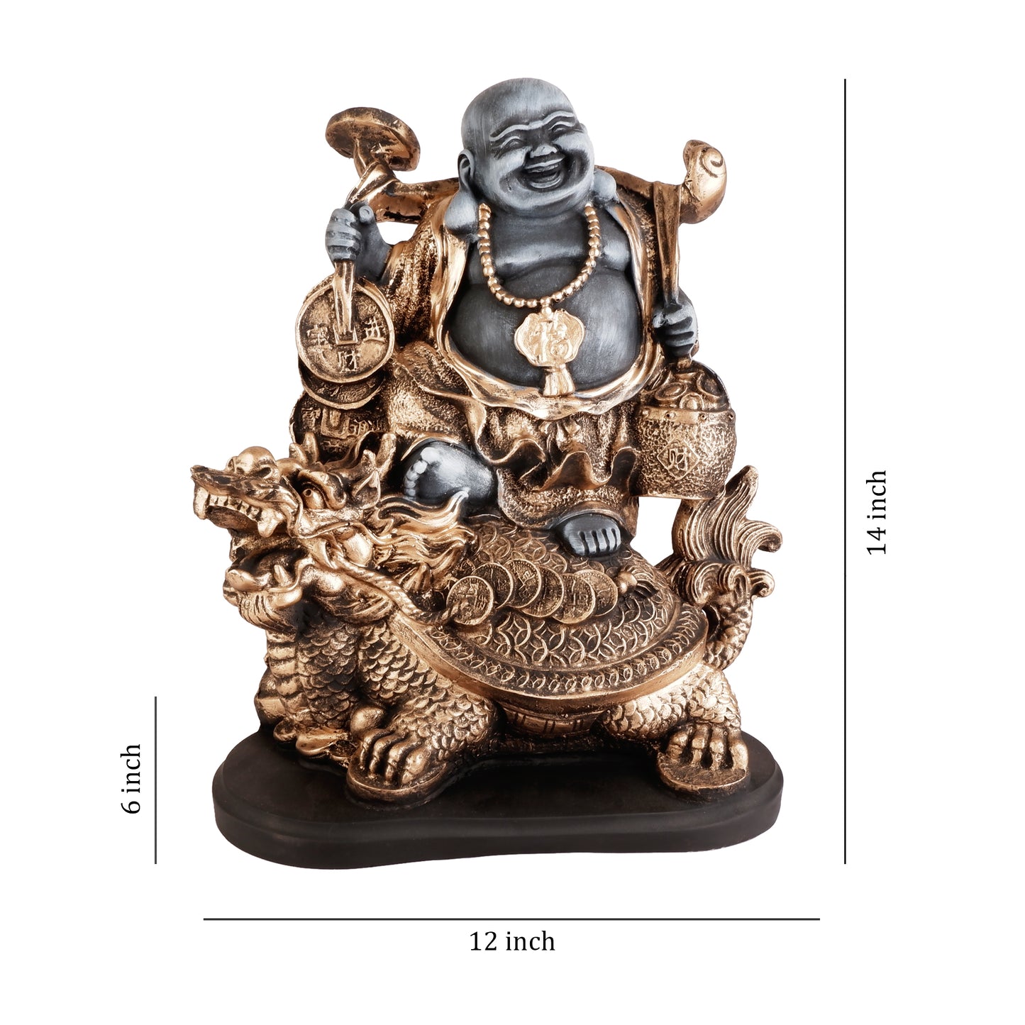 THE WHITE INK DECOR Feng Shui Laughing Buddha Sitting on Dragon Blessing Good Luck Decorative Showpiece